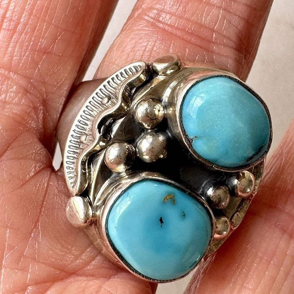 Big Navajo Sonoran Turquoise Ring Sz 14 Mens Sonoran Signed AT Native American